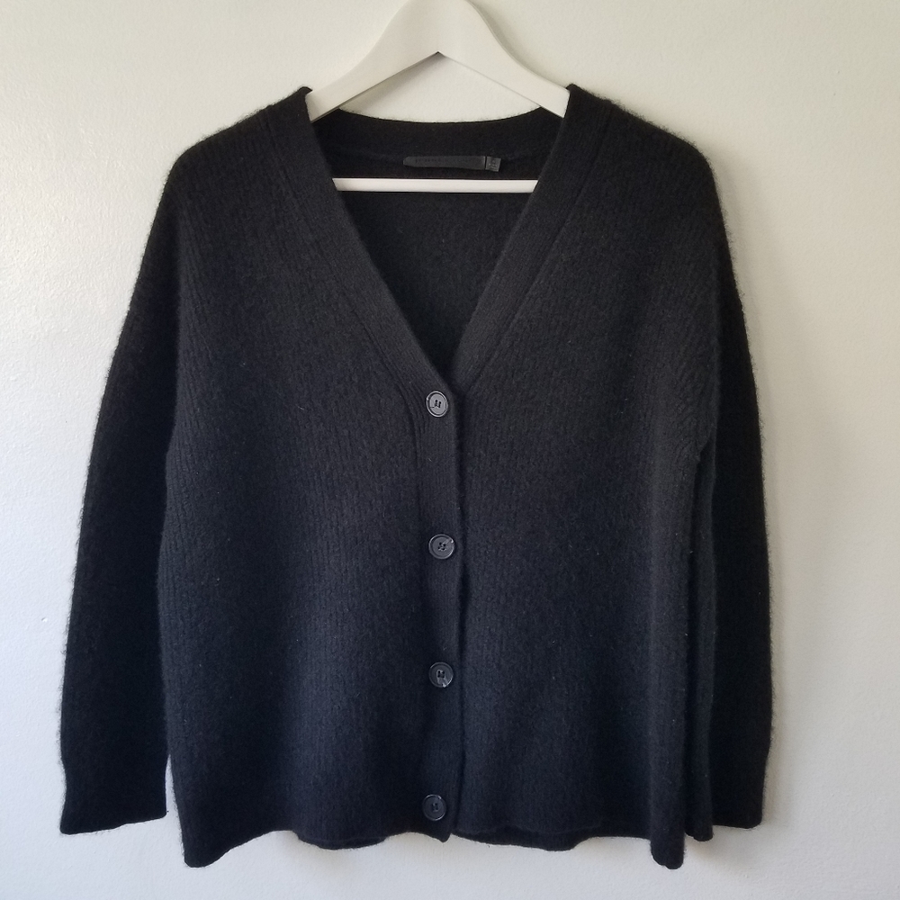 Jenni Kayne 100% Cashmere Rib Knit V-Neck Boxy Button Front Cardigan Sweater